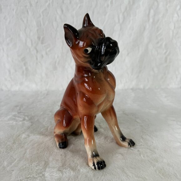 Vintage Boxer Dog Figure Ceramic Porcelain Sitting giving side eye glance - Picture 2 of 11